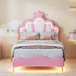 ProximaX Lit 90x200 cm, lit princess avec LED, tête de lit couronne, design moderne, rose* Lit Avec Rangement