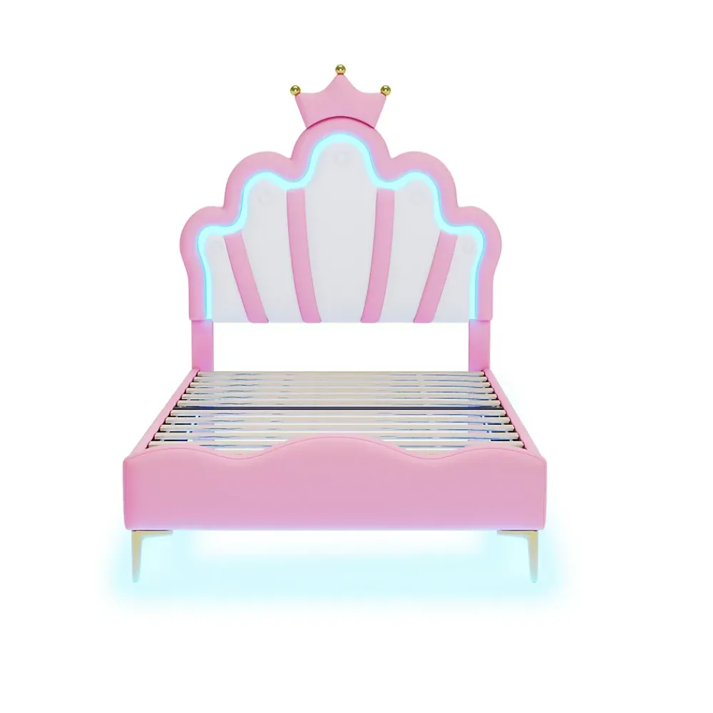 ProximaX Lit 90x200 cm, lit princess avec LED, tête de lit couronne, design moderne, rose* Lit Avec Rangement