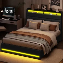 Lit 140x200 cm, Lit rembourré avec lumières LED, Lit à Fonction hydraulique lit d'appoint, pour Adultes, PU, Noir>Generique