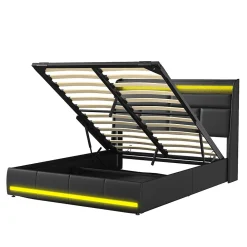 Lit 140x200 cm, Lit rembourré avec lumières LED, Lit à Fonction hydraulique lit d'appoint, pour Adultes, PU, Noir><noscript><img width=