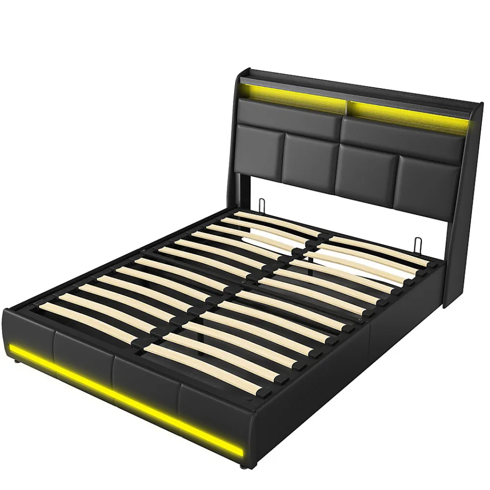 Lit 140x200 cm, Lit rembourré avec lumières LED, Lit à Fonction hydraulique lit d'appoint, pour Adultes, PU, Noir>Generique