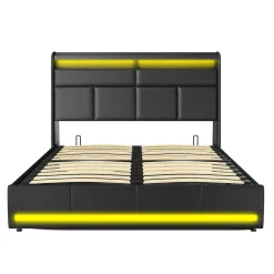 Lit 140x200 cm, Lit rembourré avec lumières LED, Lit à Fonction hydraulique lit d'appoint, pour Adultes, PU, Noir><noscript><img width=