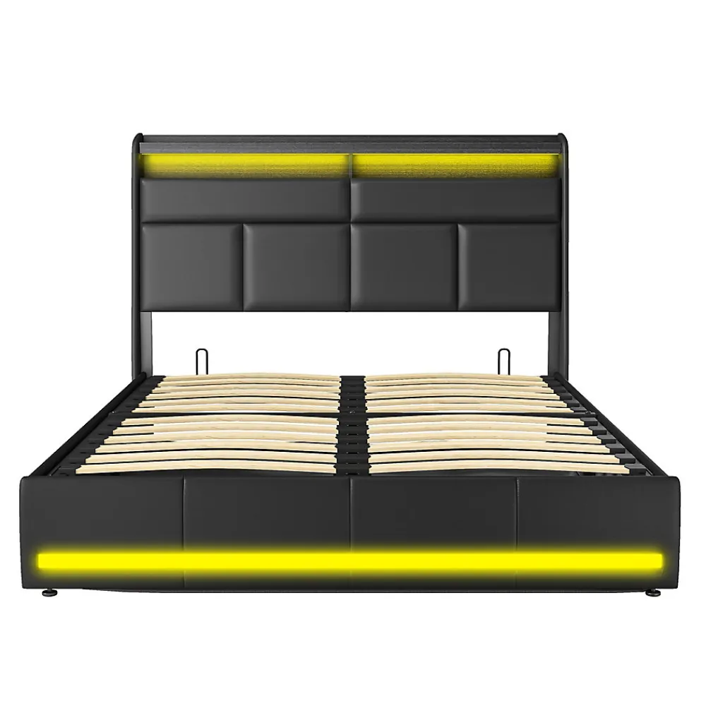 Lit 140x200 cm, Lit rembourré avec lumières LED, Lit à Fonction hydraulique lit d'appoint, pour Adultes, PU, Noir>Generique