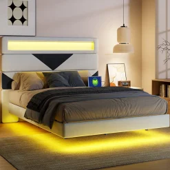 Lit 160x200 cm, MDF, avec USB et éclairage LED, Cadre de lit, lit flottant avec Tête de lit triangle, - Blanc>Simple Life New