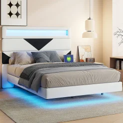 Lit 160x200 cm, MDF, avec USB et éclairage LED, Cadre de lit, lit flottant avec Tête de lit triangle, - Blanc><noscript><img width=