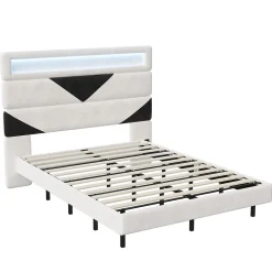 Lit 160x200 cm, MDF, avec USB et éclairage LED, Cadre de lit, lit flottant avec Tête de lit triangle, - Blanc><noscript><img width=