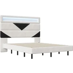 Lit 160x200 cm, MDF, avec USB et éclairage LED, Cadre de lit, lit flottant avec Tête de lit triangle, - Blanc><noscript><img width=