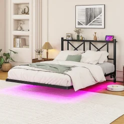 Lit 120x200 cm métal noir avec effet flottant et bande LED intégrée, design contemporain et lignes épurées>Redom Clearance