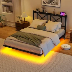 Lit 120x200 cm métal noir avec effet flottant et bande LED intégrée, design contemporain et lignes épurées><noscript><img width=