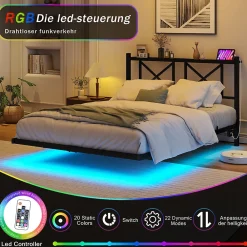 Lit 120x200 cm métal noir avec effet flottant et bande LED intégrée, design contemporain et lignes épurées><noscript><img width=