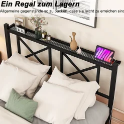 Lit 120x200 cm métal noir avec effet flottant et bande LED intégrée, design contemporain et lignes épurées><noscript><img width=
