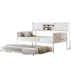 Redom Lit 90x200 cm multifonctionnel blanc avec rangements intégrés, prises électriques et cadre métal élégant*Enfant Lit Enfant