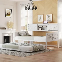 Redom Lit 90x200 cm multifonctionnel blanc avec rangements intégrés, prises électriques et cadre métal élégant*Enfant Lit Enfant