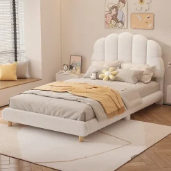 Redom Lit 90x200 cm pour enfant avec tête de lit rembourrée en plush blanc, cadre MDF, design floral et moderne*Enfant Lit Enfant