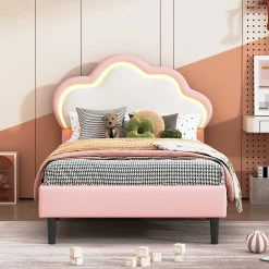 Lit 90x200 cm pour fille avec LED, tête de lit nuage ajustable, sommier à lattes, PU rose>Generique Online