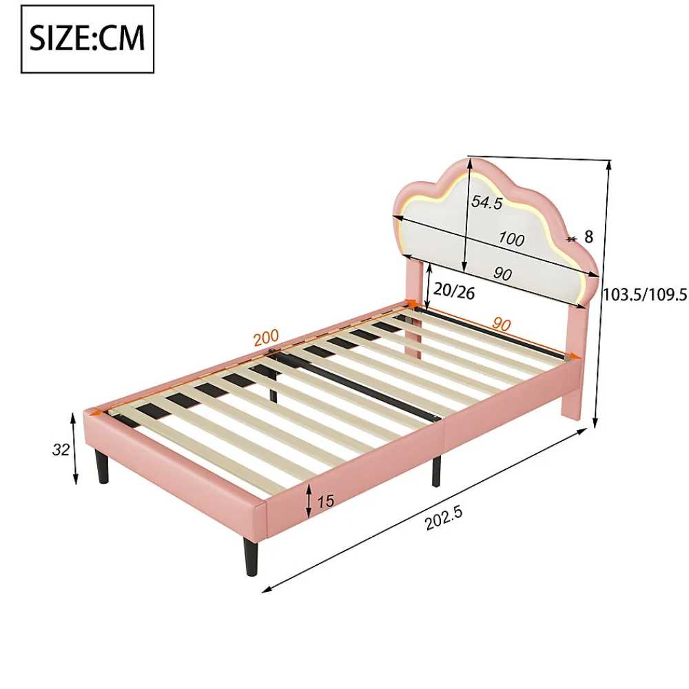 Lit 90x200 cm pour fille avec LED, tête de lit nuage ajustable, sommier à lattes, PU rose>Generique Online