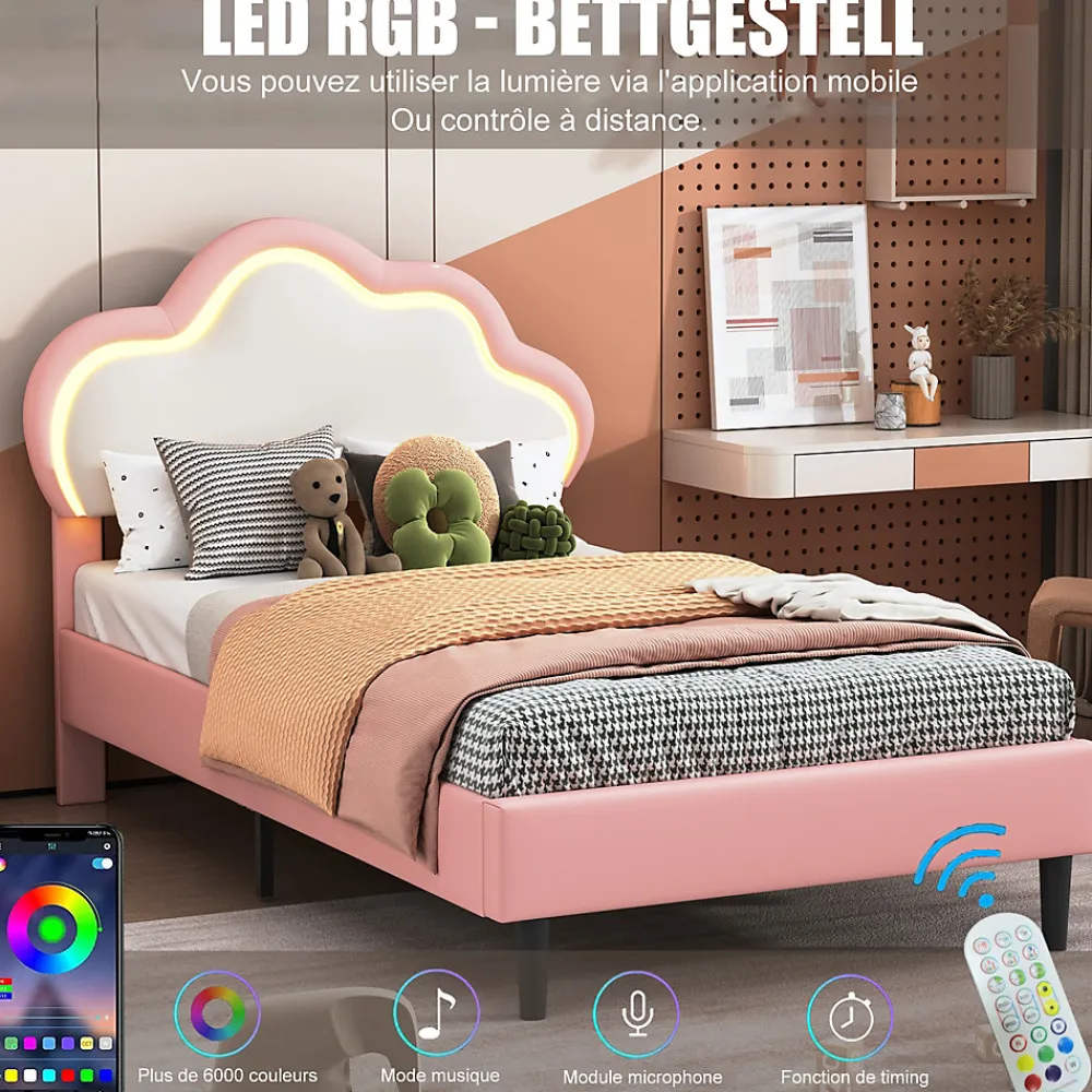 Lit 90x200 cm pour fille avec LED, tête de lit nuage ajustable, sommier à lattes, PU rose>Generique Online