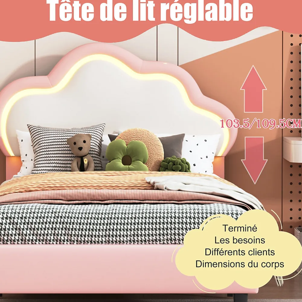 Lit 90x200 cm pour fille avec LED, tête de lit nuage ajustable, sommier à lattes, PU rose>Generique Online