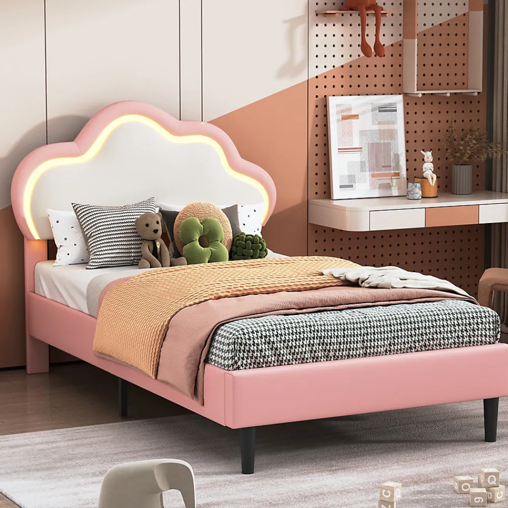 Lit 90x200 cm pour fille avec LED, tête de lit nuage ajustable, sommier à lattes, PU rose>Generique Online