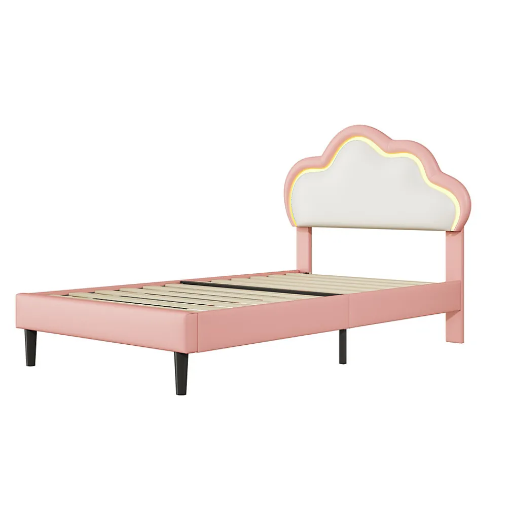 Lit 90x200 cm pour fille avec LED, tête de lit nuage ajustable, sommier à lattes, PU rose>Generique Online