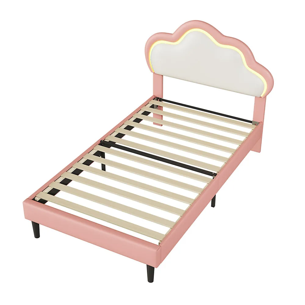 Lit 90x200 cm pour fille avec LED, tête de lit nuage ajustable, sommier à lattes, PU rose>Generique Online