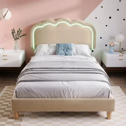 Lit 90x190 cm rembourré en lin beige avec tête de lit pouf LED réglable, cadre robuste et style contemporain>Redom Best