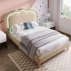 Lit 90x190 cm rembourré en lin beige avec tête de lit pouf LED réglable, cadre robuste et style contemporain>Redom Best