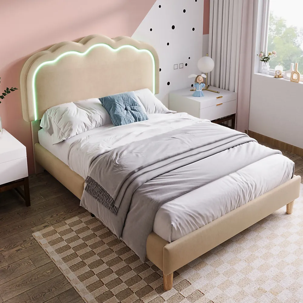 Lit 90x190 cm rembourré en lin beige avec tête de lit pouf LED réglable, cadre robuste et style contemporain>Redom Best