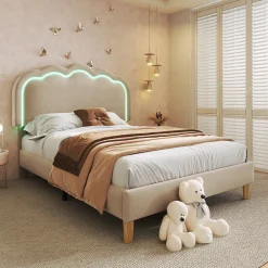 Lit 90x190 cm rembourré en lin beige avec tête de lit pouf LED réglable, cadre robuste et style contemporain><noscript><img width=