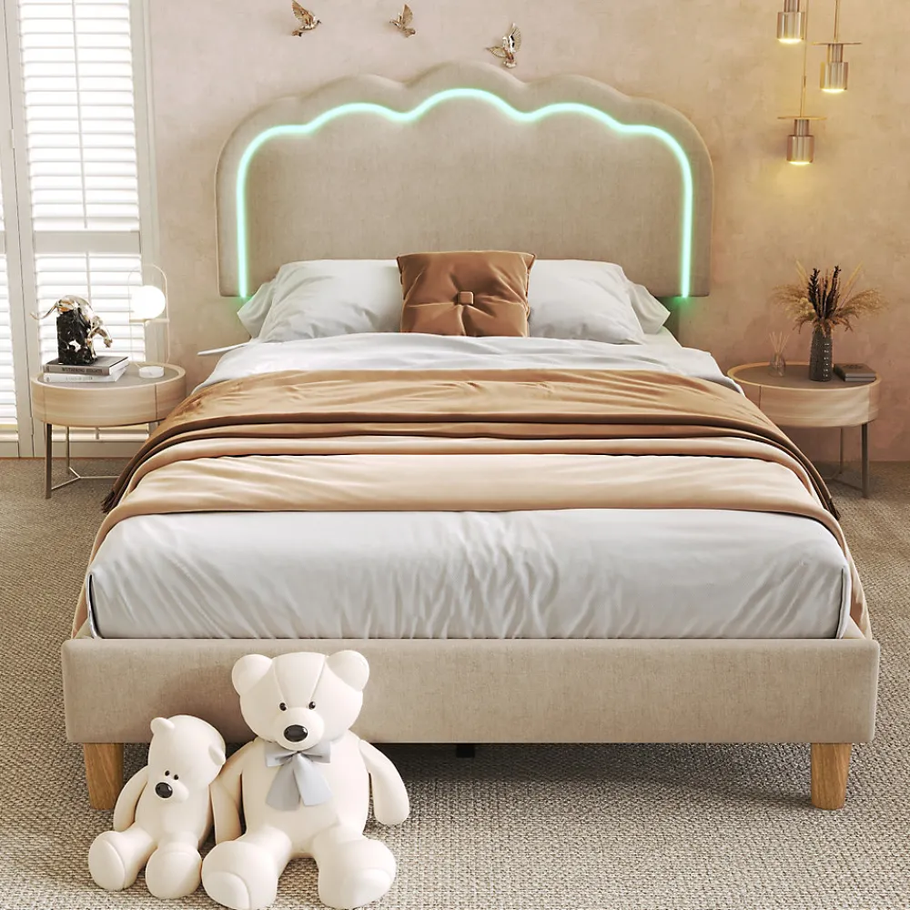 Lit 90x190 cm rembourré en lin beige avec tête de lit pouf LED réglable, cadre robuste et style contemporain>Redom Best