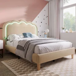 Lit 90x190 cm rembourré en lin beige avec tête de lit pouf LED réglable, cadre robuste et style contemporain><noscript><img width=