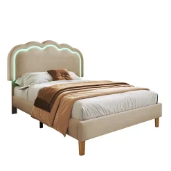 Lit 90x190 cm rembourré en lin beige avec tête de lit pouf LED réglable, cadre robuste et style contemporain><noscript><img width=