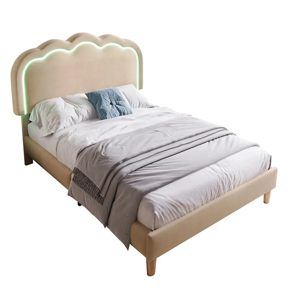 Lit 90x190 cm rembourré en lin beige avec tête de lit pouf LED réglable, cadre robuste et style contemporain>Redom Best