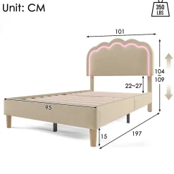 Lit 90x190 cm rembourré en lin beige avec tête de lit pouf LED réglable, cadre robuste et style contemporain><noscript><img width=