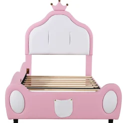 Redom Lit 90x200 cm rembourré en simili cuir bicolore blanc et rose avec tête en forme de couronne, design enfant*Enfant Lit Enfant