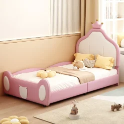 Redom Lit 90x200 cm rembourré en simili cuir bicolore blanc et rose avec tête en forme de couronne, design enfant*Enfant Lit Enfant