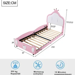 Redom Lit 90x200 cm rembourré en simili cuir bicolore blanc et rose avec tête en forme de couronne, design enfant*Enfant Lit Enfant