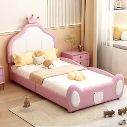 Redom Lit 90x200 cm rembourré en simili cuir bicolore blanc et rose avec tête en forme de couronne, design enfant*Enfant Lit Enfant