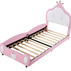 Redom Lit 90x200 cm rembourré en simili cuir bicolore blanc et rose avec tête en forme de couronne, design enfant*Enfant Lit Enfant