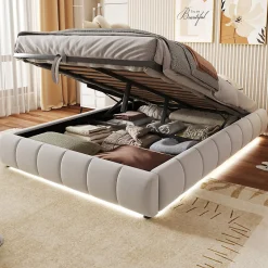 Lit 140x200 cm sans tête, coffre hydraulique avec LED blanche intégrée, tapissé flanelle beige, cadre métal 150 kg><noscript><img width=