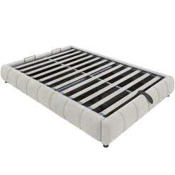 Lit 140x200 cm sans tête, coffre hydraulique avec LED blanche intégrée, tapissé flanelle beige, cadre métal 150 kg><noscript><img width=
