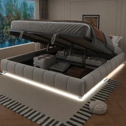 Redom Lit 180x200 cm sans tête de lit avec rangement hydraulique et bande LED blanche, revêtement flanellette beige* Lit Avec Rangement