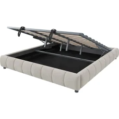 Redom Lit 180x200 cm sans tête de lit avec rangement hydraulique et bande LED blanche, revêtement flanellette beige* Lit Avec Rangement