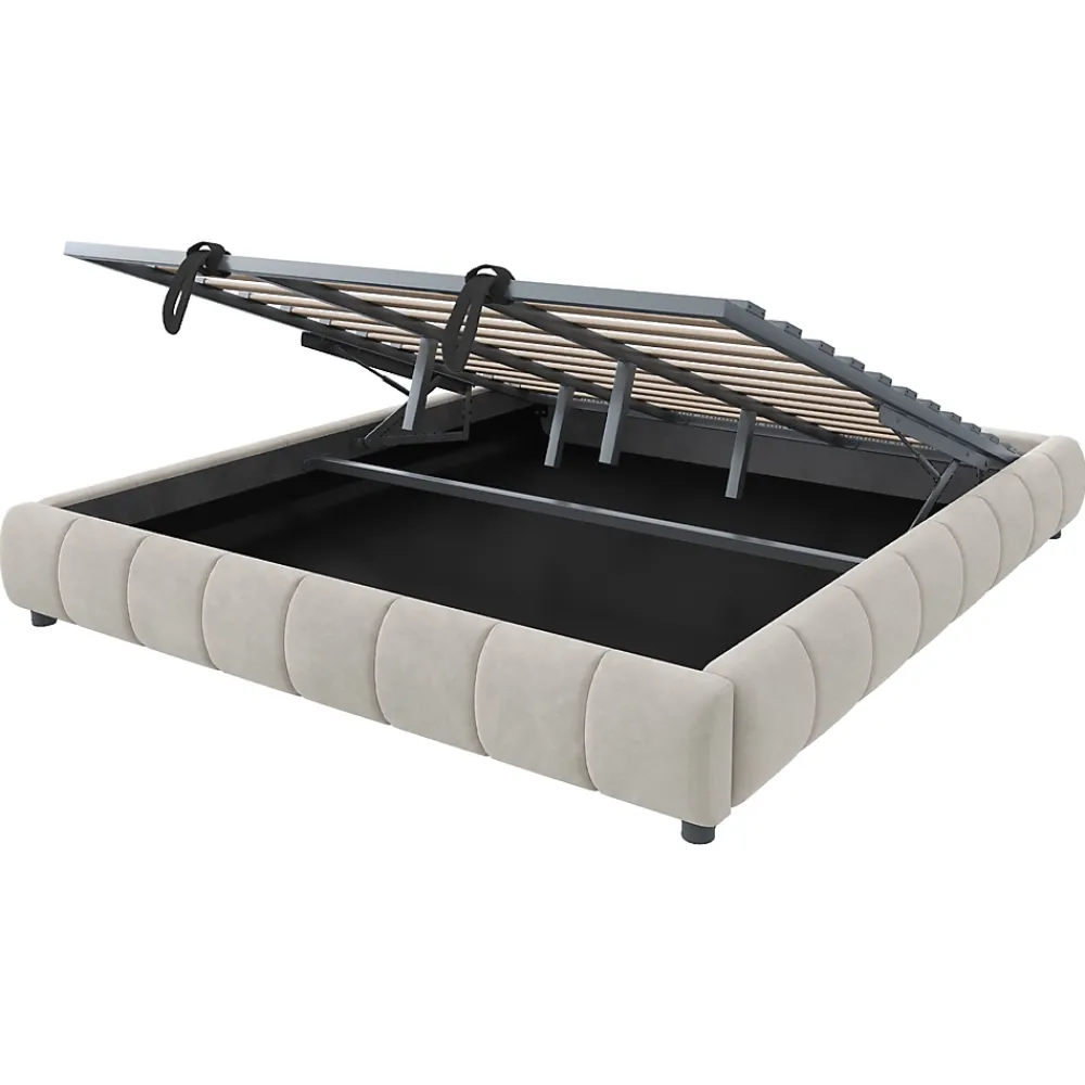 Redom Lit 180x200 cm sans tête de lit avec rangement hydraulique et bande LED blanche, revêtement flanellette beige* Lit Avec Rangement