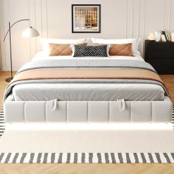 Redom Lit 180x200 cm sans tête de lit avec rangement hydraulique et bande LED blanche, revêtement flanellette beige* Lit Avec Rangement