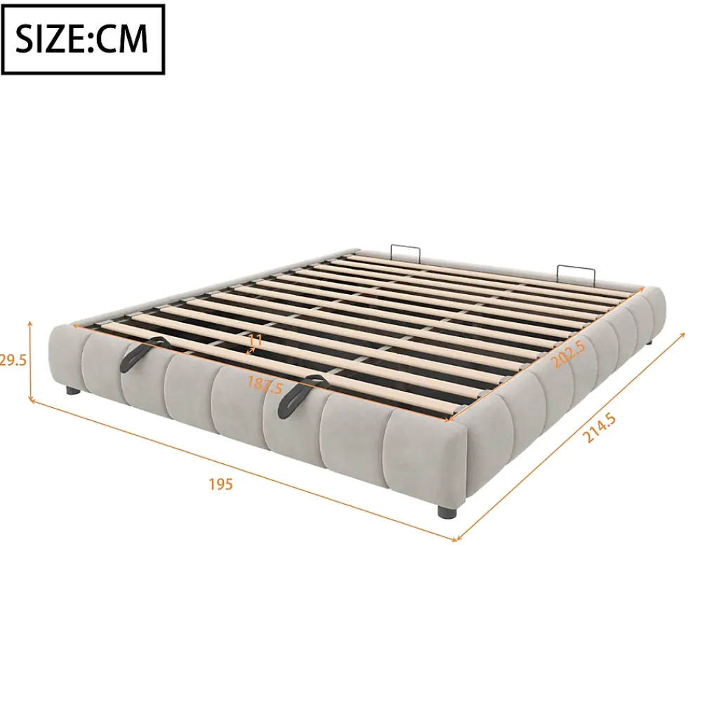 Redom Lit 180x200 cm sans tête de lit avec rangement hydraulique et bande LED blanche, revêtement flanellette beige* Lit Avec Rangement