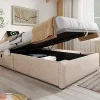 Redom Lit 90x200 cm sommier relevable avec coffre de rangement tapissé lin naturel USB et Type C intégrés* Ensemble Sommier Et Matelas