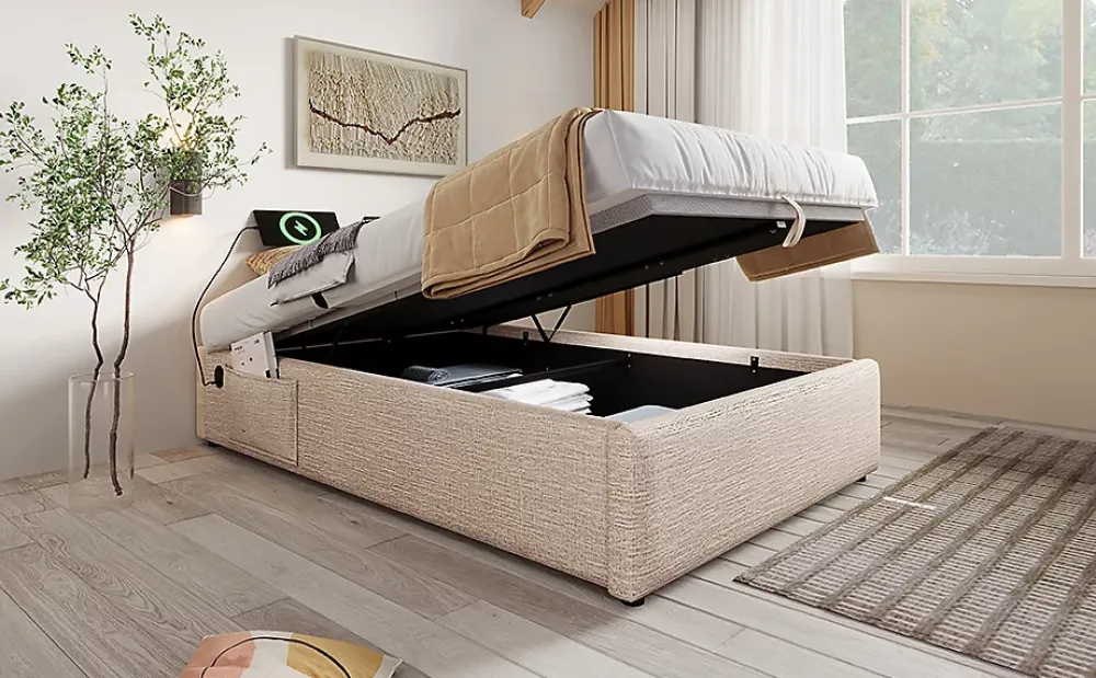 Redom Lit 90x200 cm sommier relevable avec coffre de rangement tapissé lin naturel USB et Type C intégrés* Ensemble Sommier Et Matelas