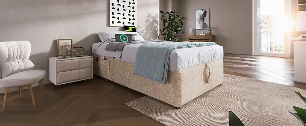 Redom Lit 90x200 cm sommier relevable avec coffre de rangement tapissé lin naturel USB et Type C intégrés* Ensemble Sommier Et Matelas