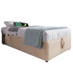 Redom Lit 90x200 cm sommier relevable avec coffre de rangement tapissé lin naturel USB et Type C intégrés* Ensemble Sommier Et Matelas